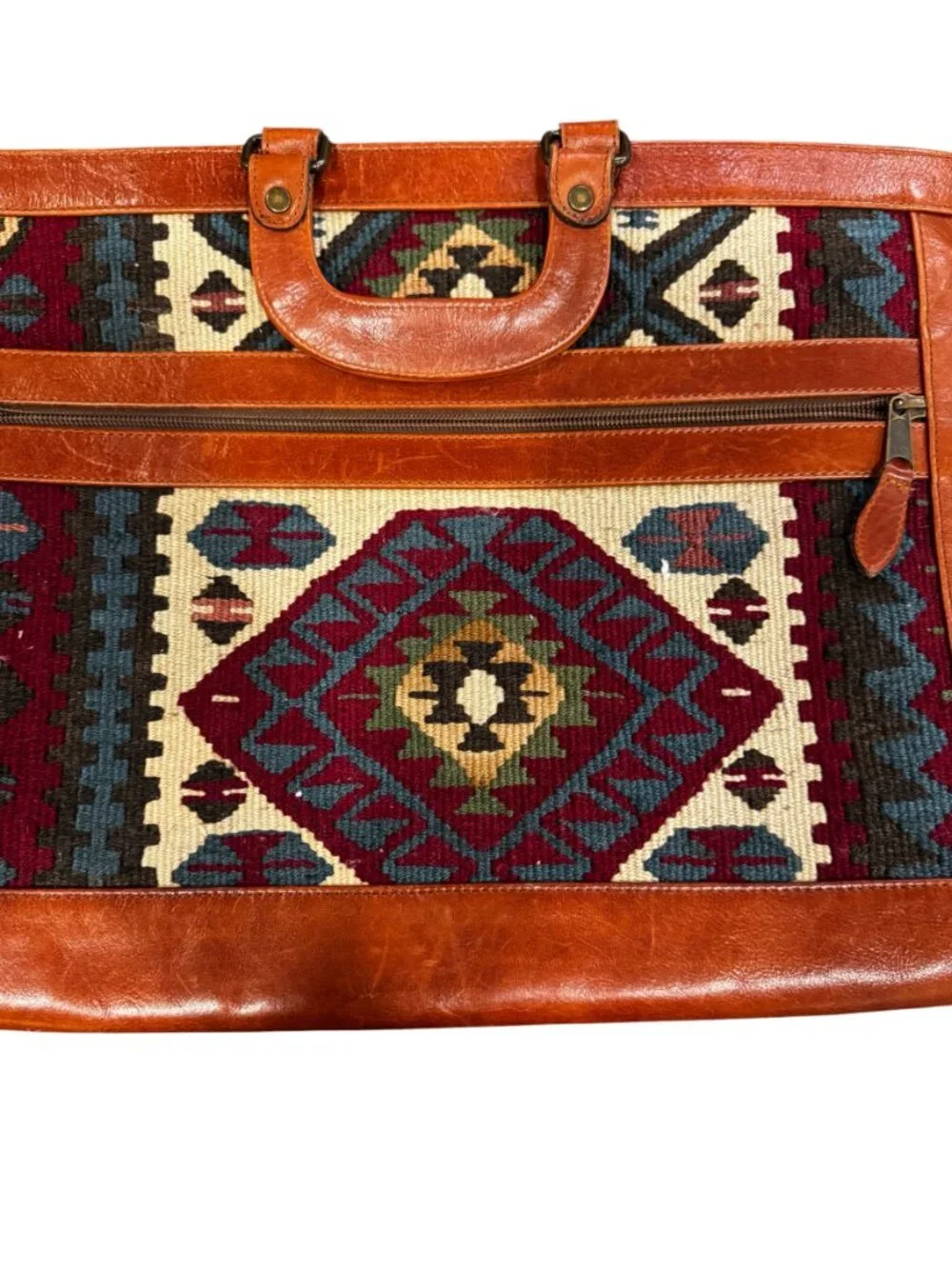 Vintage Kilim Leather Briefcase Bag Wool Southwest Boho Tote Mexico